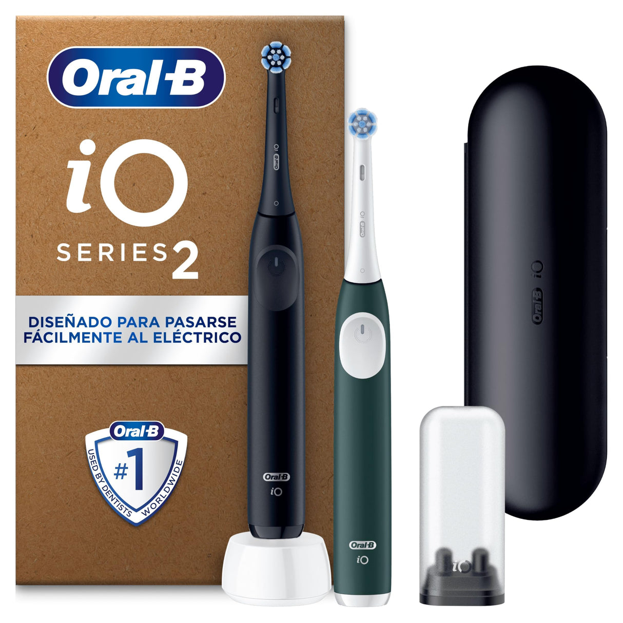 Oral-B iO 2 Pack de 2 Cepillos de Dientes Eléctricos Negro Noche y Verde Bosque, 2 Cabezales, 1 Estuche de Viaje, 1 Portarrecambios, 3 Modos De Cepillado, Sensor De Presión y Temporizador