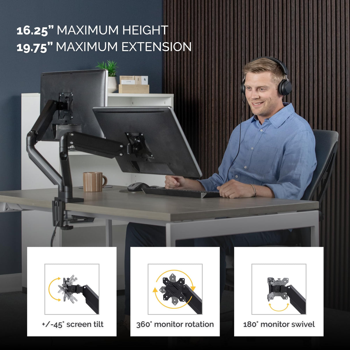 Fellowes Brazo para Monitor Doble Platinum Series - Soporte para Monitor Ajustable, con Funciones de inclinación, Giro y rotación y con 2 Puertos USB - Tamaño máximo del Monitor 32" - Negro
