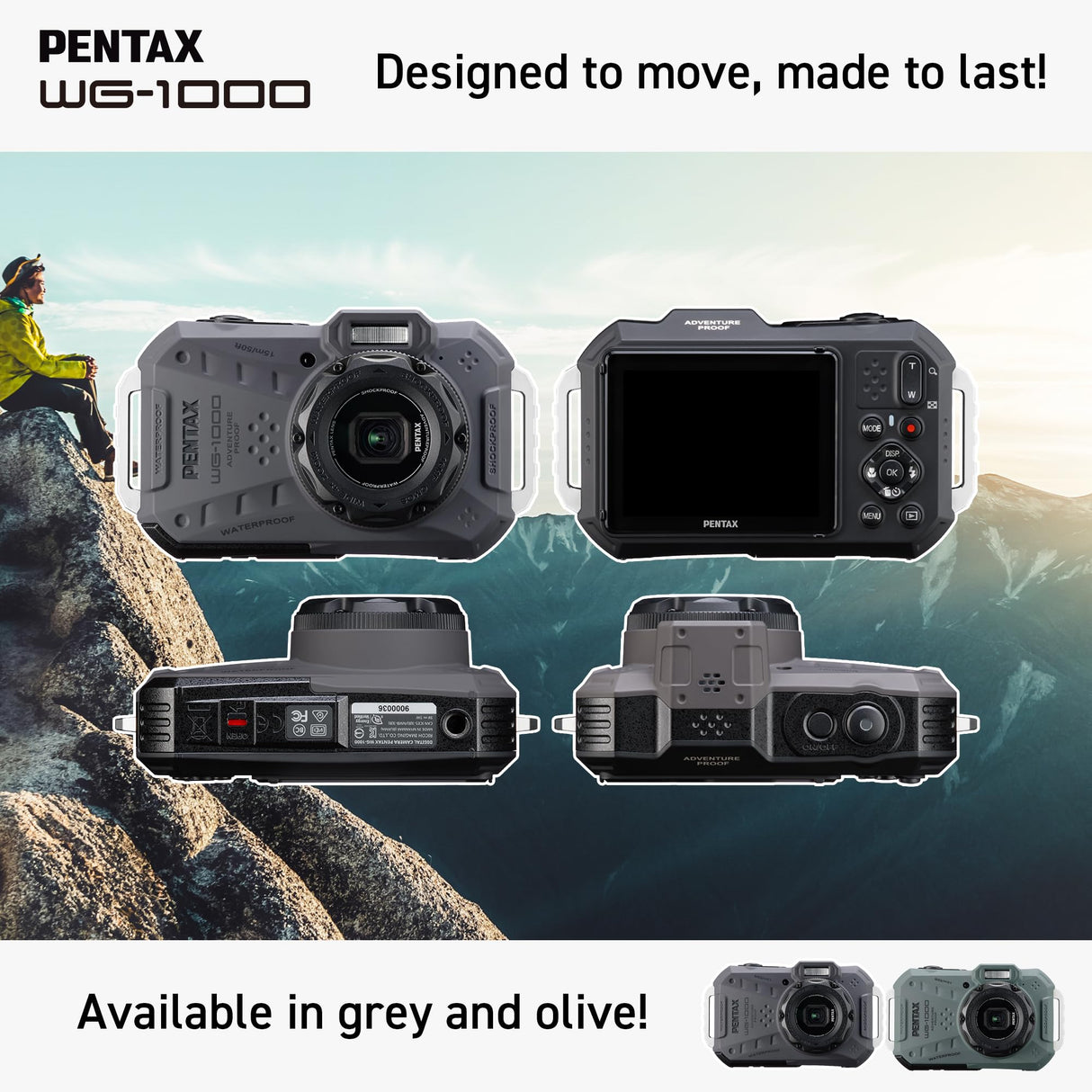 Cámara Digital compacta Resistente al Agua PENTAX WG-1000 (Gris), diseñada para fotografía Informal en Exteriores y bajo el Agua, Resistente al Agua hasta una Profundidad de 15 Metros (una Hora)