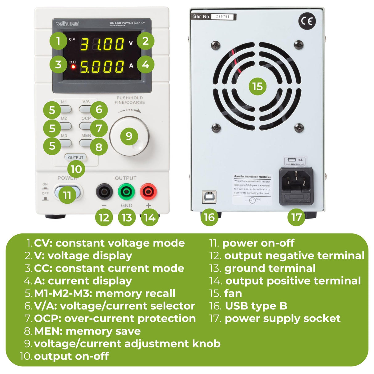 Velleman Suministro de laboratorio, programable, ajustable, 0-30 VCC/0-5 A, limitación de corriente, protección contra cortocircuitos, pantalla LCD, USB, conexión gris