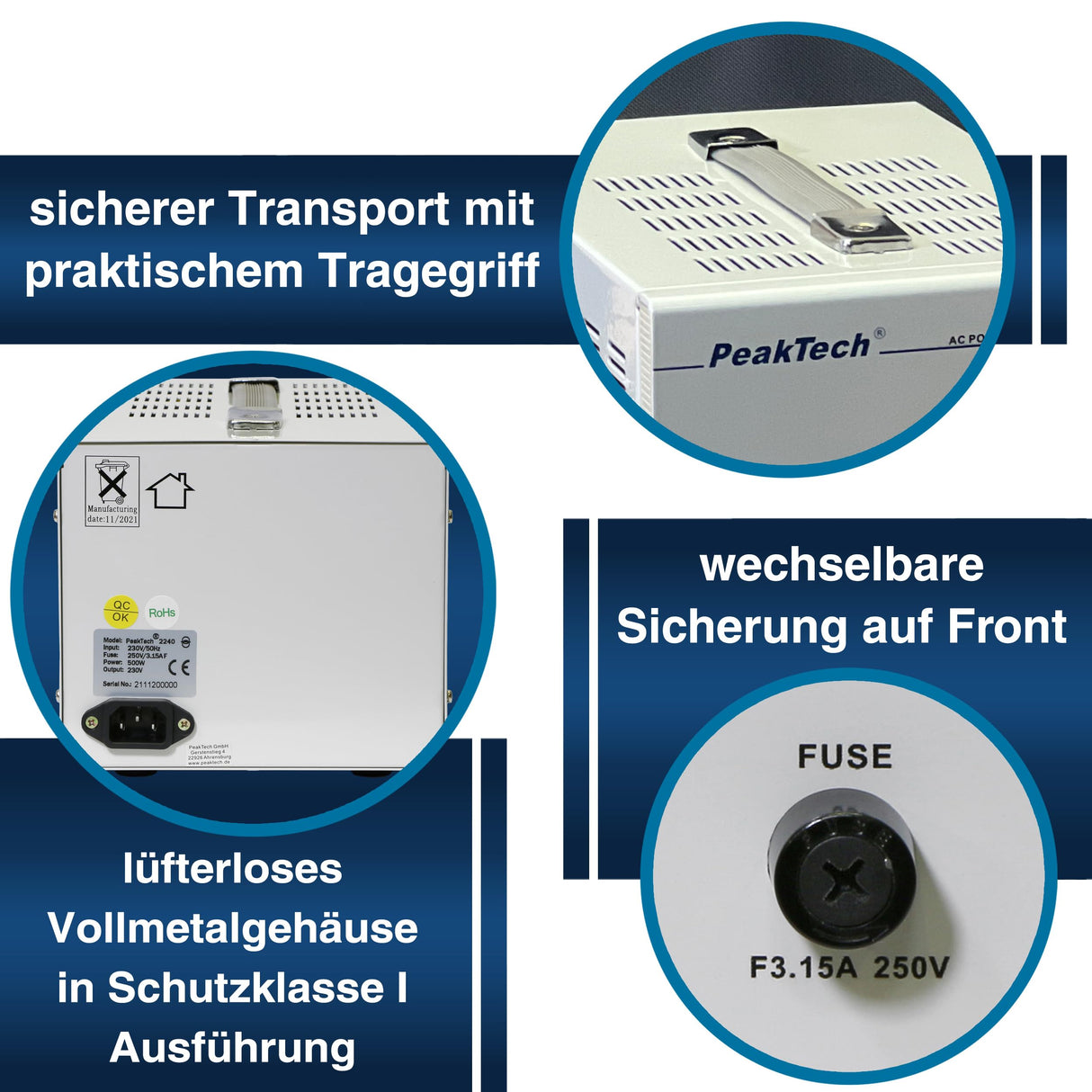 PeakTech 2240 - Transformador de Aislamiento, Dispositivo de Medición, Toroidal, Galvánico, Clase de Protección 1, Uso Móvil, Voltaje de Entrada 230 V, Potencia de Salida 500 W - 160 x 125 x 235 mm