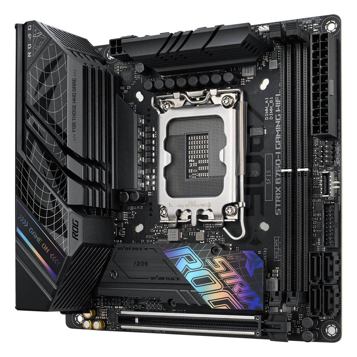 Asus ROG Strix B760-I Gaming - Placa Base Mini-ITX Intel B760 LGA 1700, VRM de 8+1 Fases, DDR5, PCIe 5.0, Dos PCIe 4.0 M.2, WiFi 6E, Ethernet 2.5G, USB 3.2 Gen 2x2 Type-C, AEMP II, RGB