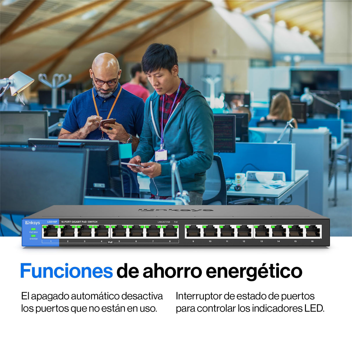Linksys LGS116P-EU switch de red Gigabit no administrado de 16 puertos con 8 puertos PoE+, hasta 1000 Mbps, para empresas y particulares, vigilancia IP, divisor Ethernet de sobremesa