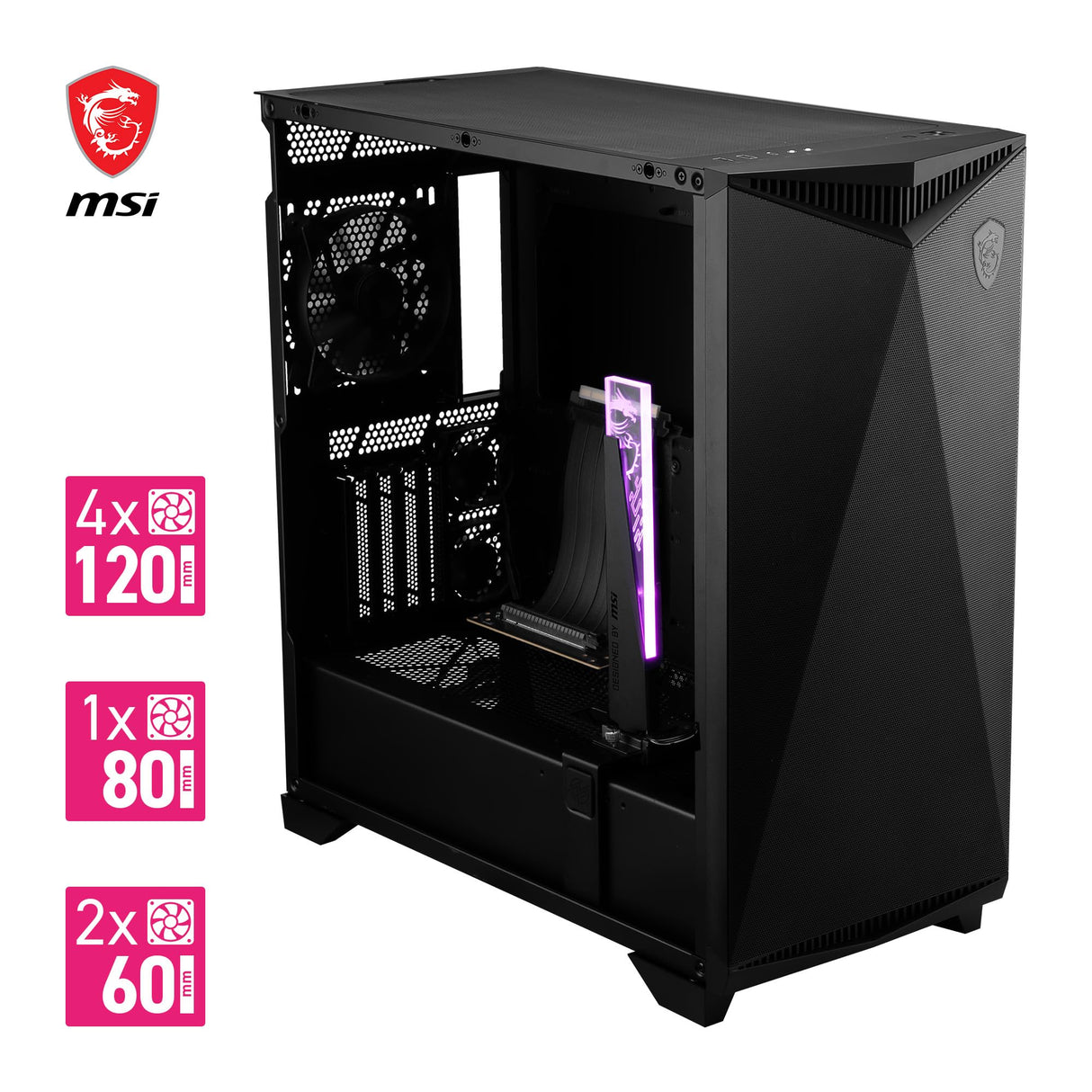 Msi MPG Gungnir 300P Airflow Caja PC Mid-Tower Capacidad E-ATX, 4 x 120 mm Fans, 3 Auxiliares Fans, PCIe 4.0 Cable Riser, Soporte Vertical GPU y Stand, Filtros Antipolvo, Guía de Cables, USB Tipo-C