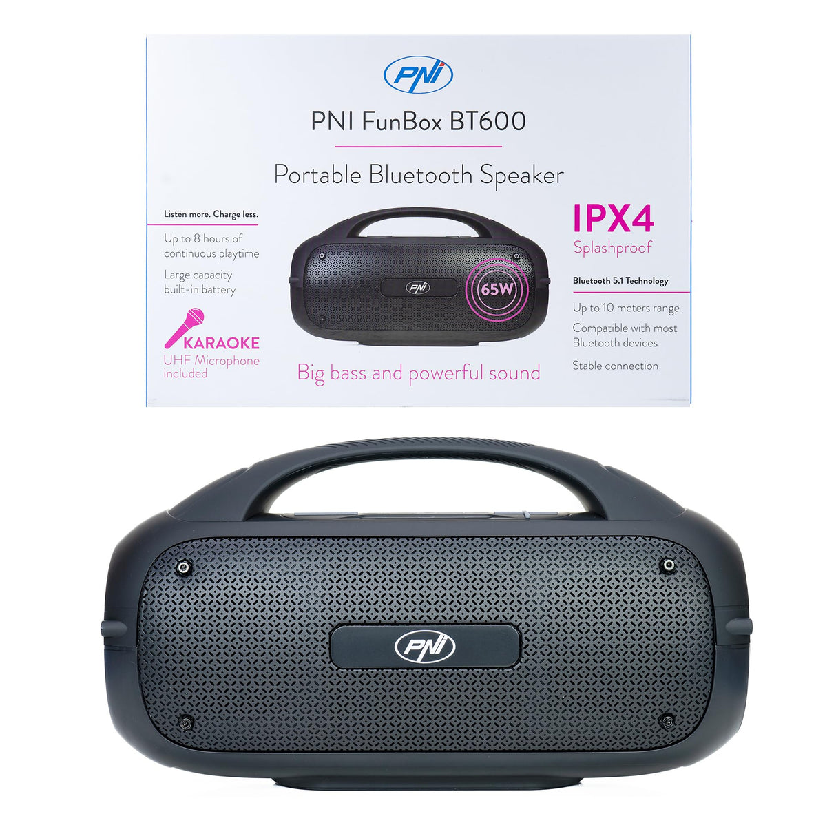 PNI FunBox BT600 Altavoz portátil, con Bluetooth, 65 W, Reproductor de MP3, Lector de Tarjetas, USB, micrófono inalámbrico, batería de 4400 mAh, IPX4