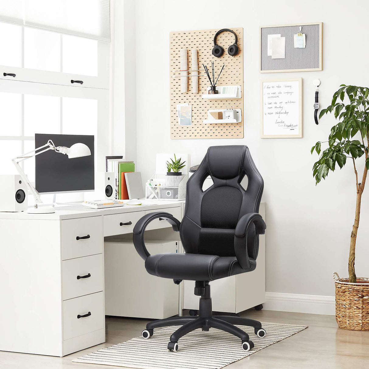 SONGMICS Racing Silla de Escritorio de Oficina Ergonómica Regulable con Ruedas, OBG56B, Negro, 776732