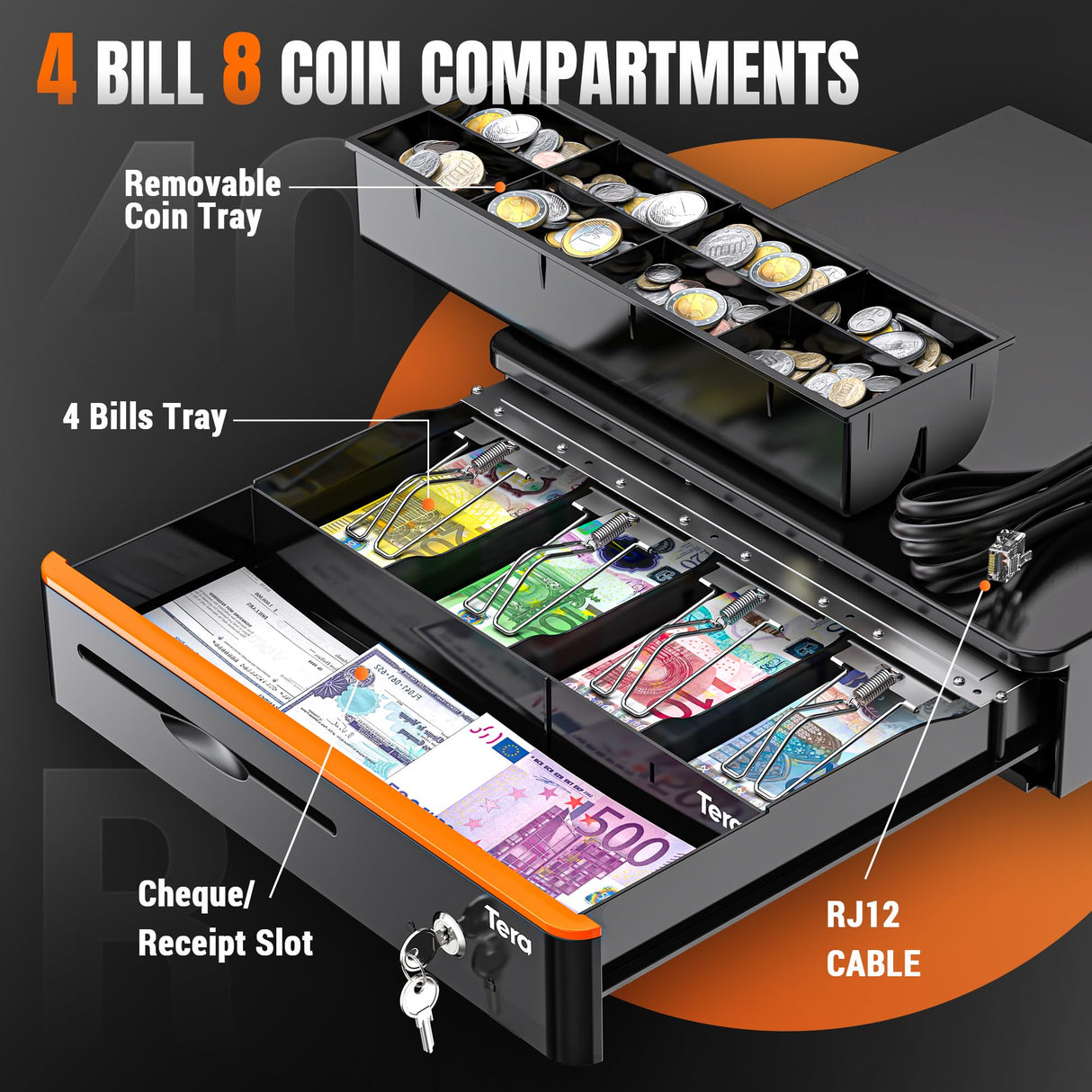 Tera Cajón Portamonedas Automático 16 Pulgadas para POS: 5 Compartimentos para Billetes, 8 para Monedas, Bandeja Extraíble, Cerradura con Llave, Microinterruptor, Negro para Tienda y Caja 405R