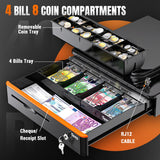Tera Cajón Portamonedas Automático 16 Pulgadas para POS: 5 Compartimentos para Billetes, 8 para Monedas, Bandeja Extraíble, Cerradura con Llave, Microinterruptor, Negro para Tienda y Caja 405R