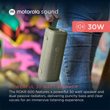 Motorola Sound - Altavoz Inalámbrico Bluetooth ROKR 600 - Potente Sonido de 30W, Resistente al Agua y Polvo, Función Broadcast para Conectar 20+ Altavoces, 6 Horas de Reproducción, Verde