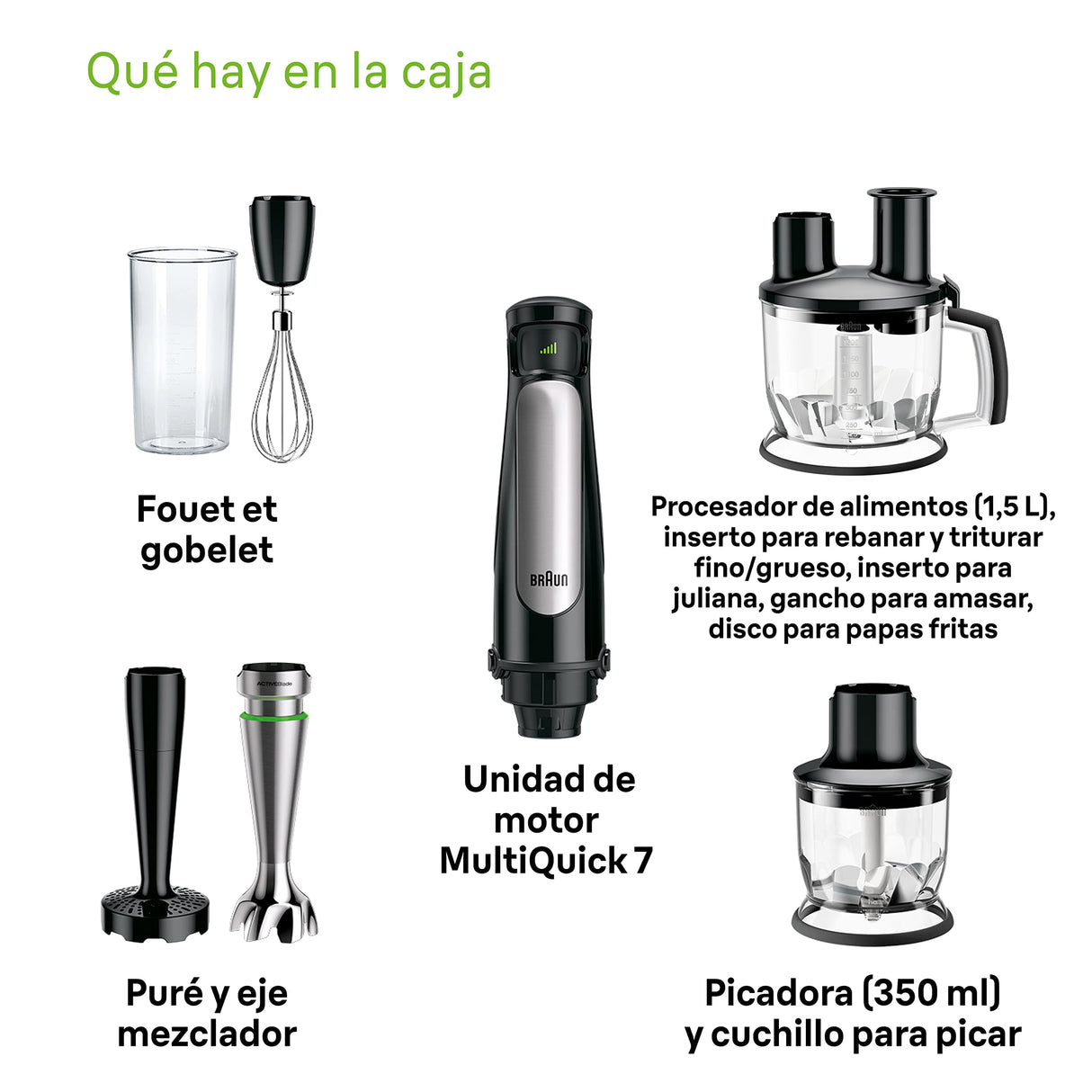 Braun Minipimer 7 MQ7087X - Batidora de Mano de 1000W, Minipicadora de 350ml, Pasapuré, Varillas, Procesador de Alimentos con 3 Funciones, Vaso de 600ml, Velocidad Automática, Tecnología ActiveBlade