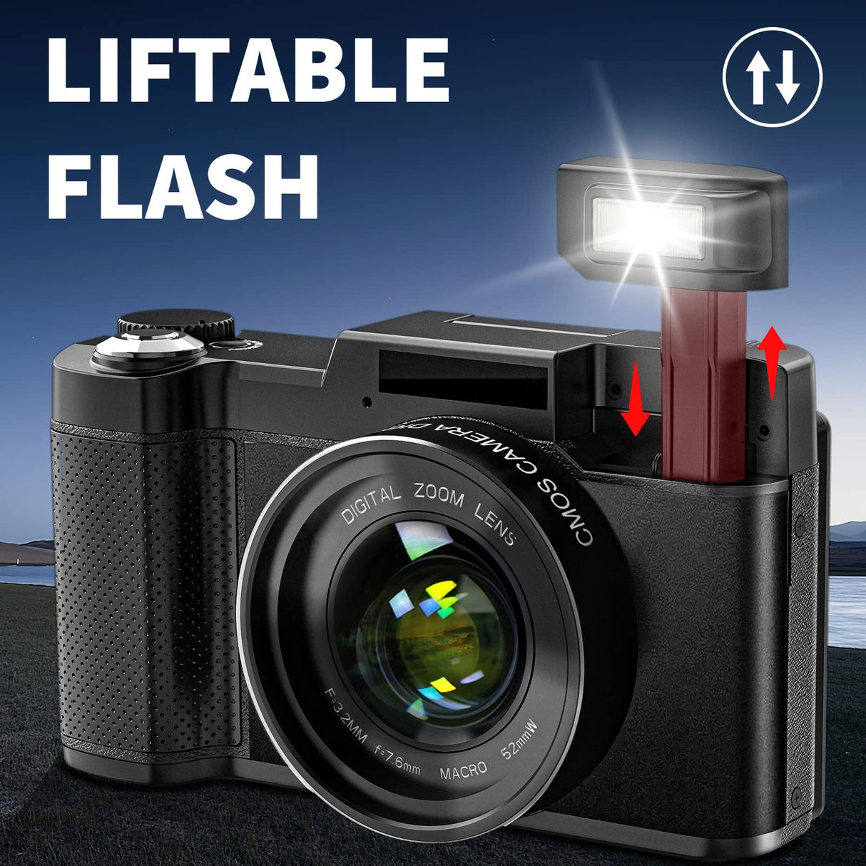 SWAGITLOUD Cámara Digital 4K 48MP Vlogging para YouTube con Zoom Digital 16X, Función Macro y Flash Elevable, Compacta con Pantalla Abatible de 3 Pulgadas 180°, Tarjeta TF de 32 GB, 2 Baterías, Negra