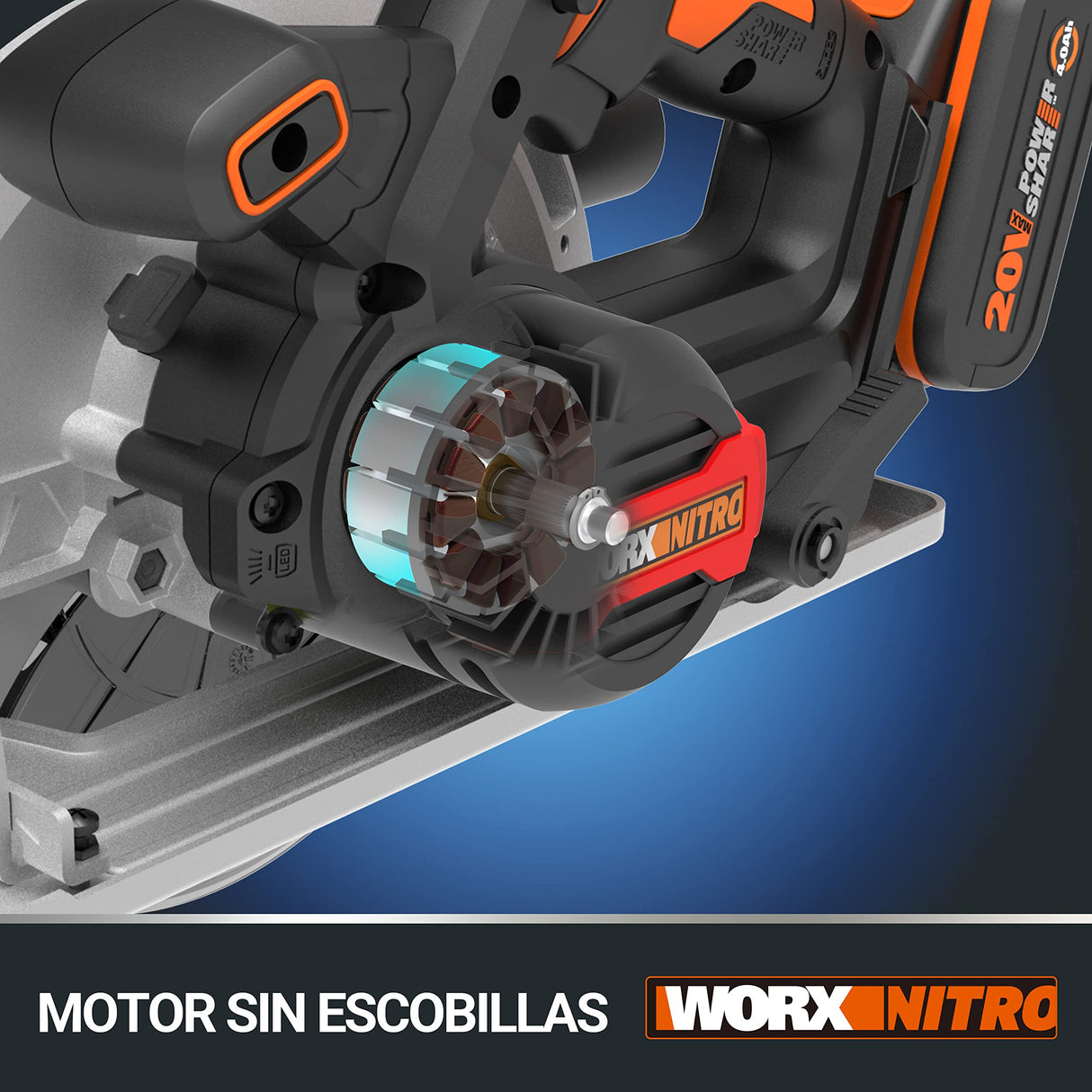 WORX Sierra circular Brushless 20V | PowerShare | WX520 | Incluye 1 batería 2Ah y cargador | Motor sin escobillas, corte a bisel, base de aluminio, empuñadura ergonómica