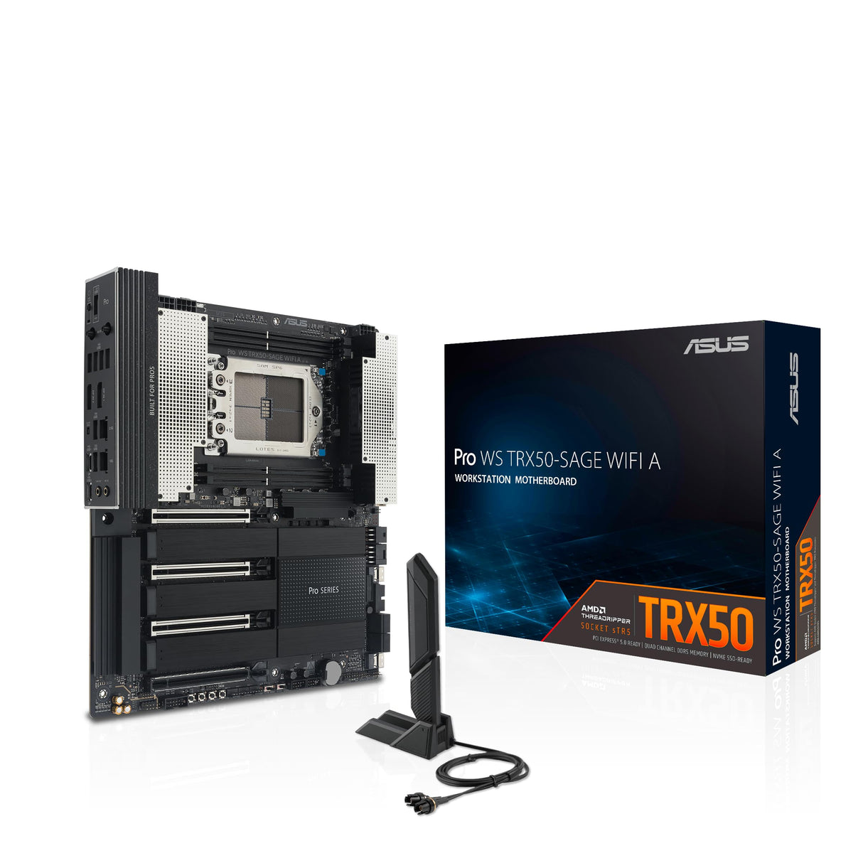 ASUS Pro WS TRX50-SAGE WiFi A, Placa Base AMD, Socket AMD sTR5 para CPU de hasta 96 núcleos, 36 etapas de alimentación, Ranura DDR5 ECC R-DIMM, Tres Ranuras M.2, Tres Ranuras PCIe 5.0, USB-C 20 Gbps