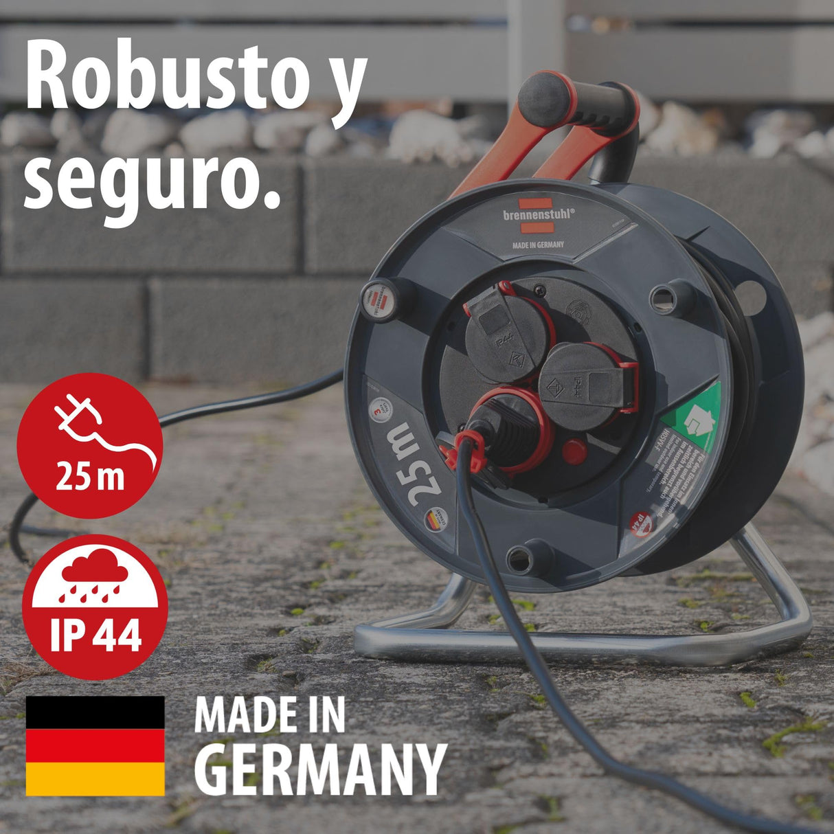 Brennenstuhl Enrollacables Garant V2 IP44 25m exterior (Made in Germany, 3 tomas de corriente con contacto de puesta a tierra, plástico especial)