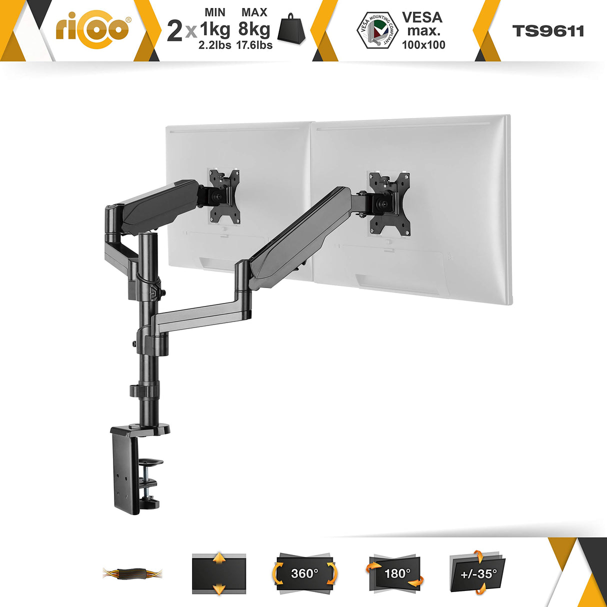 RICOO Soporte Monitor Mesa Brazo articulado Giratorio Inclinable Pantalla PC 17-32" (43-81cm) TS9611 Stand para monitores VESA 75x75 100x100