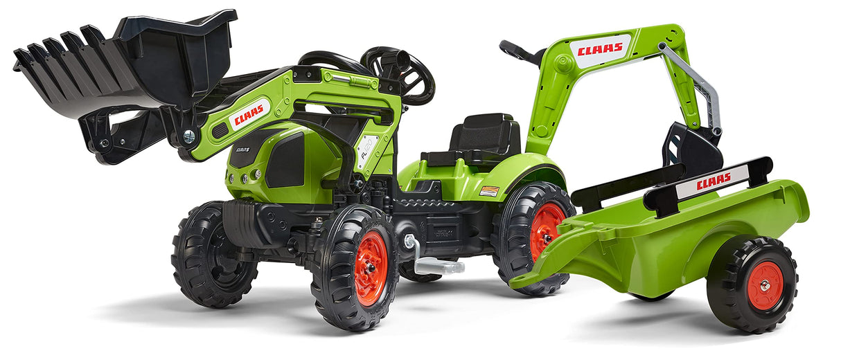 FALK - Retroexcavadora de Pedales Claas con Excavadora y Remolque - A Partir de 2 años - Fabricada en Francia - Pala Delantera articulada y Excavadora - Volante direccional con bocina - 2040N