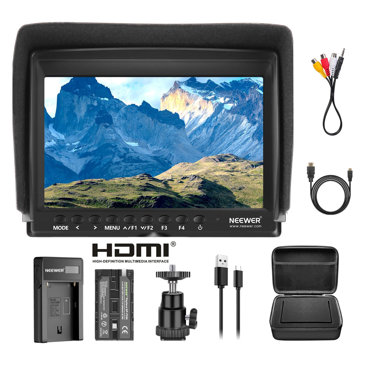 NEEWER F100 7 Pulgadas Monitor de Campo de Cámara HD Asistente de Video Delgado IPS 1280x800 4K Entrada HDMI 1080p con 2600 mAh Li-ion Catería/Cargador USB, Estuche de Transporte para Cámaras DSLR