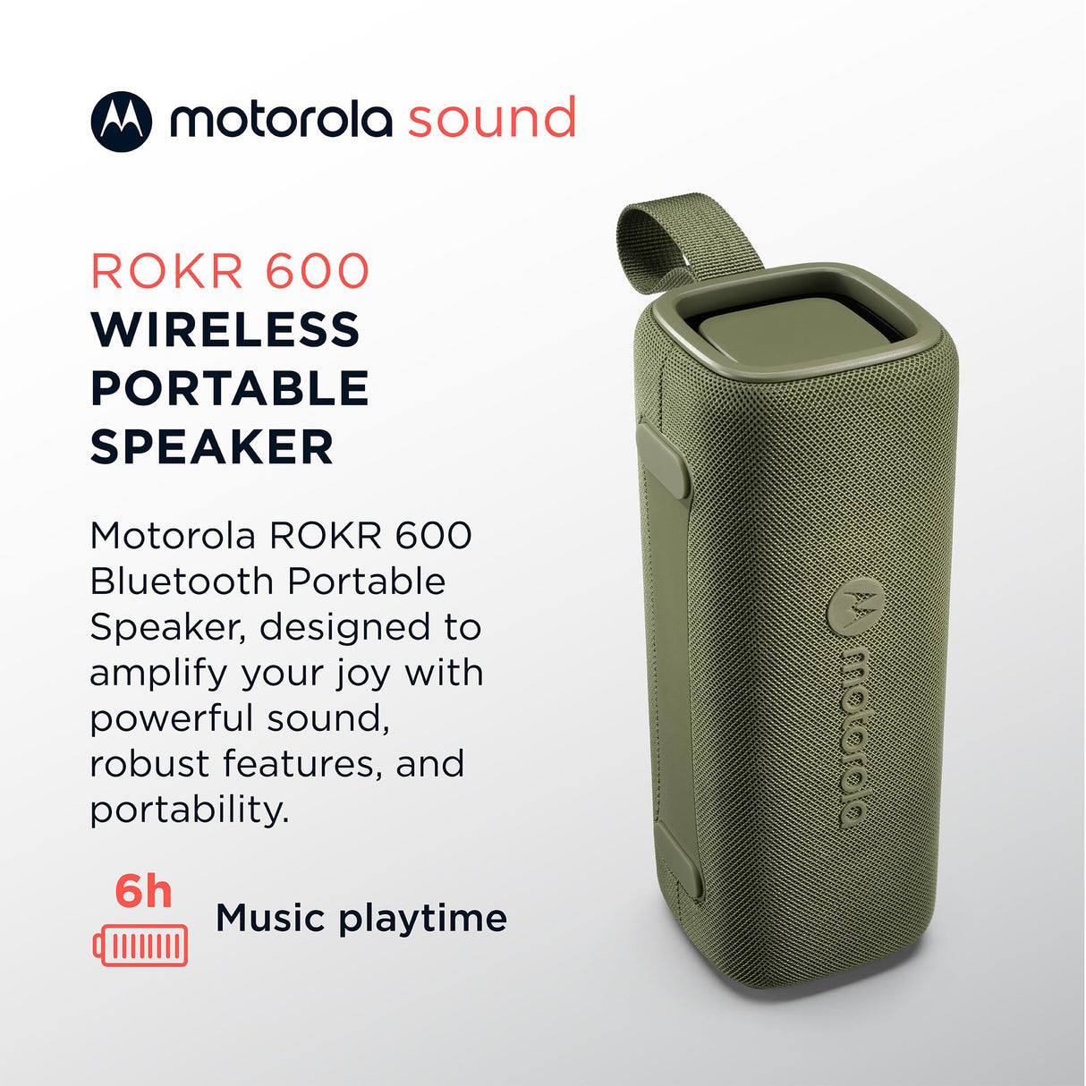 Motorola Sound - Altavoz Inalámbrico Bluetooth ROKR 600 - Potente Sonido de 30W, Resistente al Agua y Polvo, Función Broadcast para Conectar 20+ Altavoces, 6 Horas de Reproducción, Verde