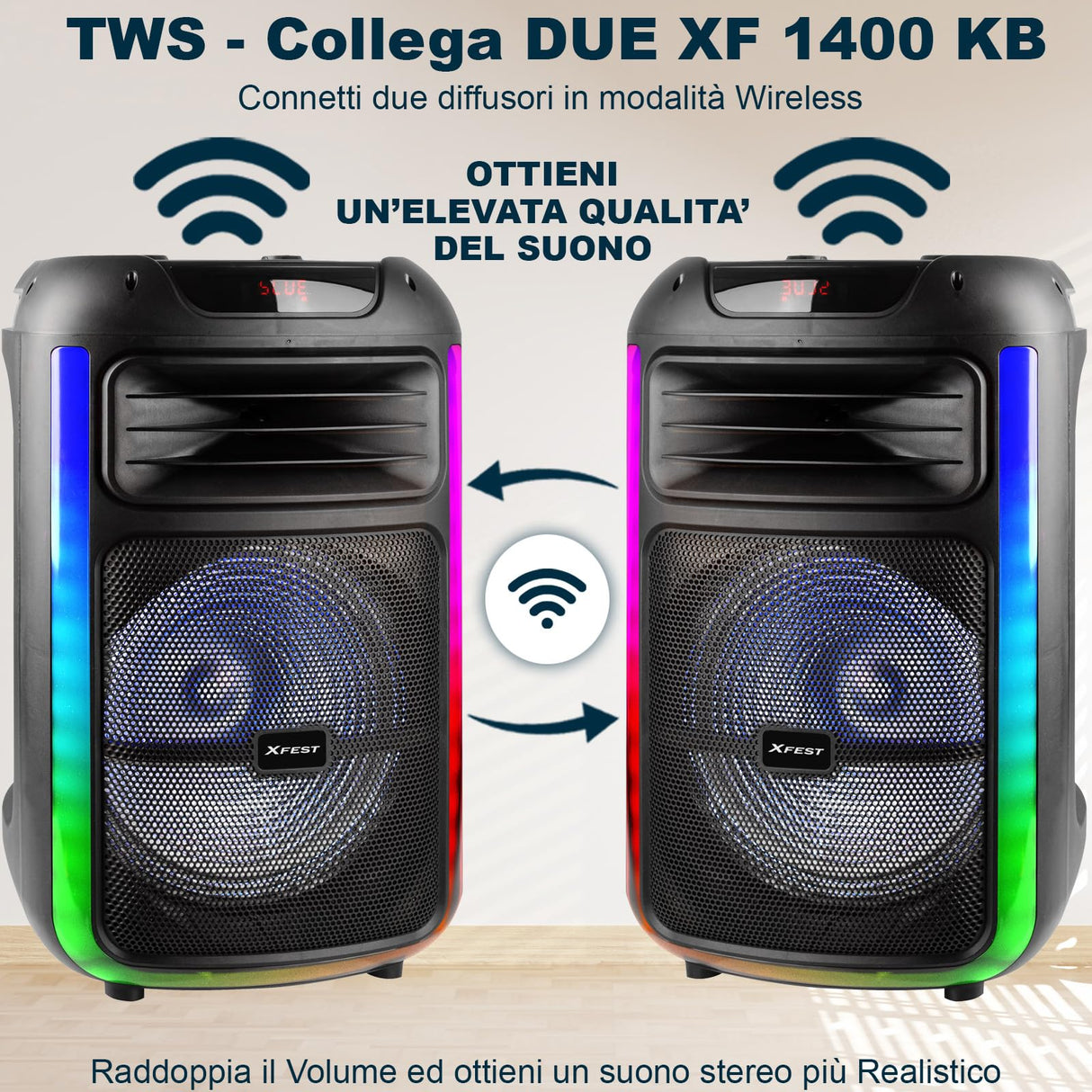 Trevi XFest XF 1400 KB - Altavoz inalámbrico de 100 W, altavoz portátil con micrófono con cable incluido, entradas USB, micro SD, entrada auxiliar y guitarra, función TWS, batería recargable integrada