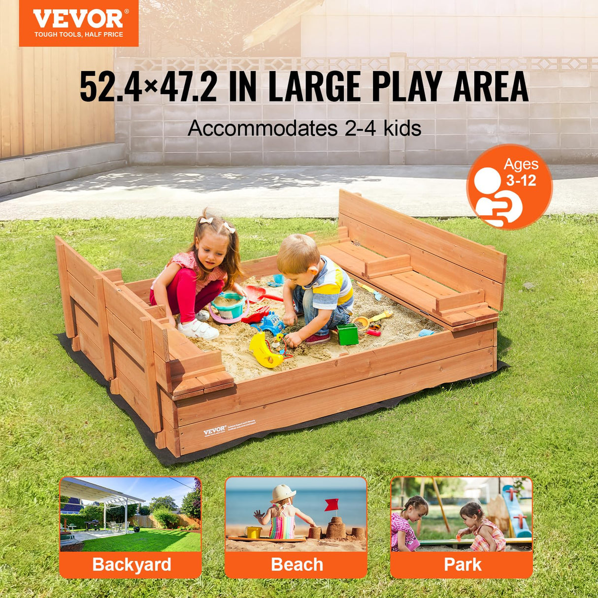 VEVOR Caja de Arena de Madera de 133 x 120 x 43 cm Arenero con Bancos Plegables y Revestimiento Inferior Caja de Arena de Madera para Niños de 3 a 12 Años para Exteriores, Patio, Playa, Parque