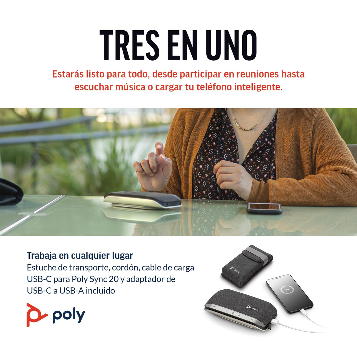 Poly Sync 20 con USB-C - Altavoz manos libres portátil con reducción de ruido o de ecos, Bluetooth - Funciona con Teams, Zoom, PC, Mac, móviles