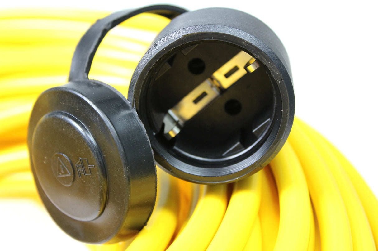as - Schwabe alargador de Cable de 25 m K35 AT-N07V3V3-F 3G2,5 - Cable de extensión 230 V/16 A - con Tapa de protección - Resistente al Polvo y a Las Salpicaduras IP44 - Color Amarillo, 60351