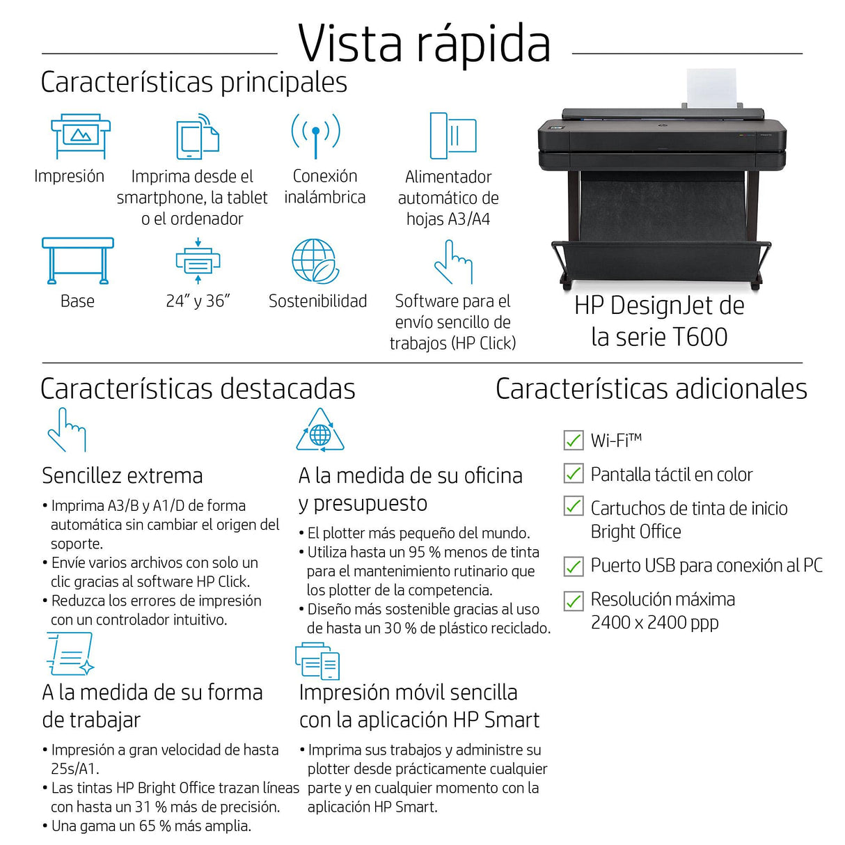 Impresora Plotter de Gran Formato HP DesignJet T630, de 24 pulgadas, hasta A1, Impresión Móvil, Wi-Fi, Gigabit Ethernet, USB 2.0 de alta velocidad, Garantía de 1 año (5HB09A)
