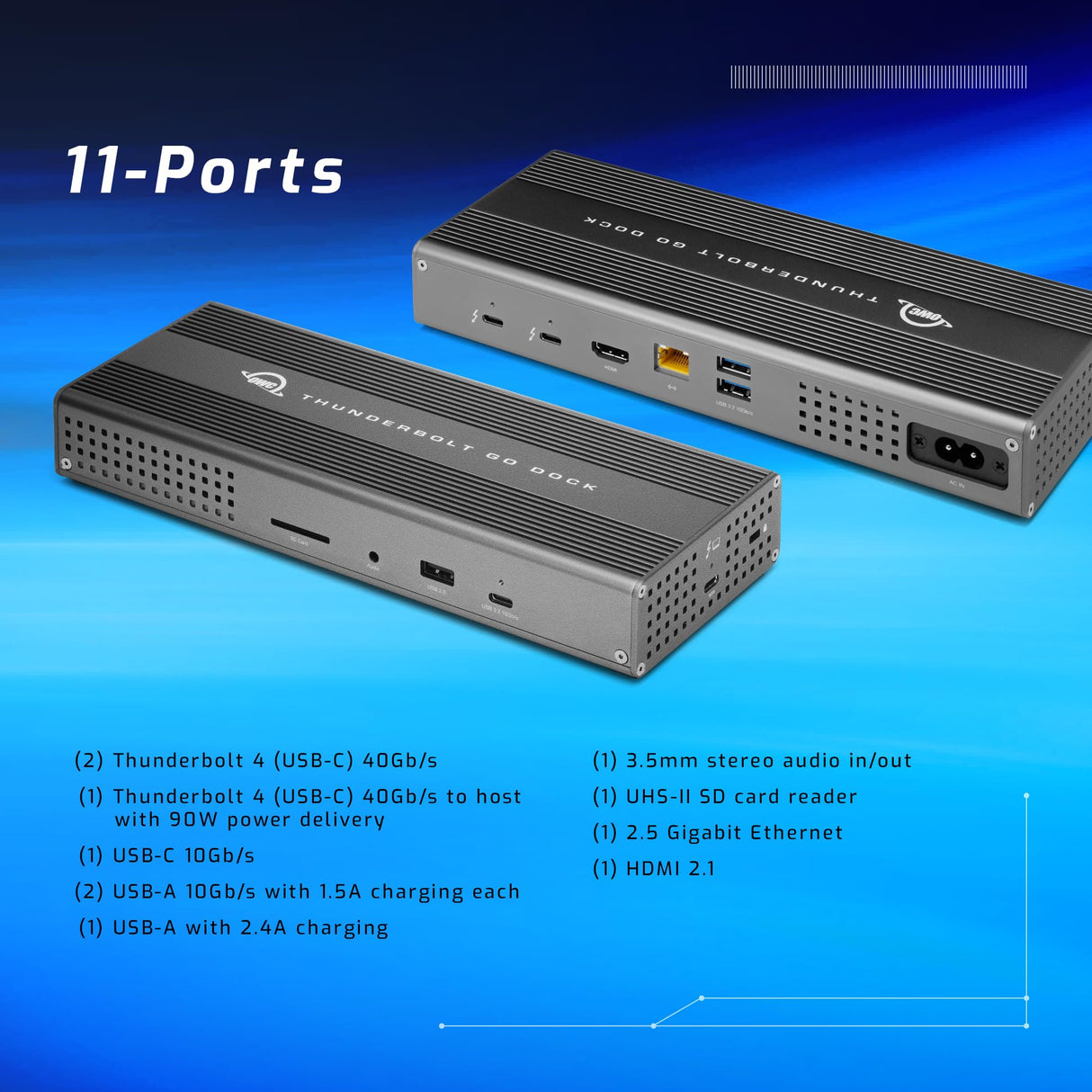 OWC Thunderbolt Go Dock, 11 Puertos, Thunderbolt 4, Fuente de alimentación integrada, Carga de 90 W, Compatible con Mac Thunderbolt y USB-C, PC, Chromebooks y Dispositivos Android, OWCTB4DKG11P