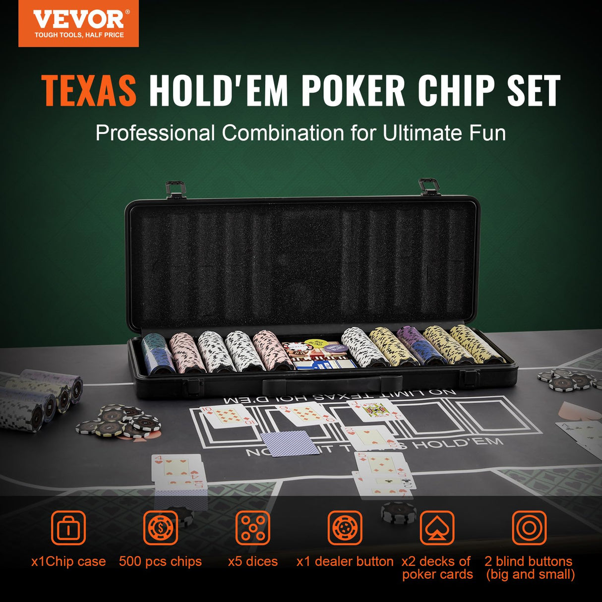 VEVOR Estuche de Póquer 500 Fichas de Póker de Clay y ABS 14g 40x3,3mm con 2 Barajas de Cartas Texas Holdem 1 Botón de Distribuidor y 2 Botones Ciegos para Juegos de Apuestas Blackjack Casino en Casa