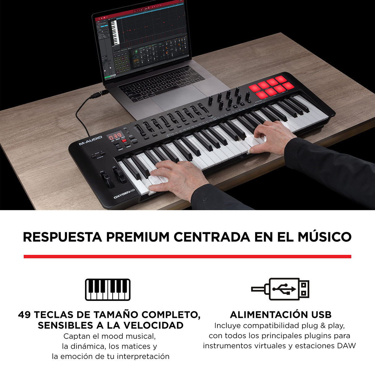 M-Audio Oxygen 49 (MKV) - teclado controlador MIDI USB con 49 teclas, beat pads, Smart Chord, modos de escala, arpegiador y pack de sonidos de Native Instruments (integración de NKS)