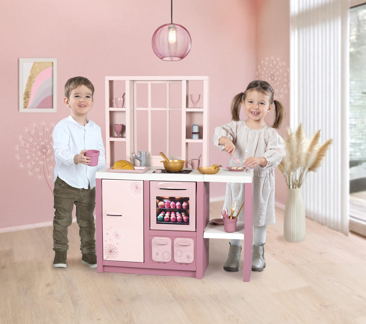 Smoby – Loft Cocina de Juguete Fleur – Cocina Infantil de Estilo Loft Moderno con fogones, Horno, Nevera y 27 Accesorios, para niños a Partir de 3 años