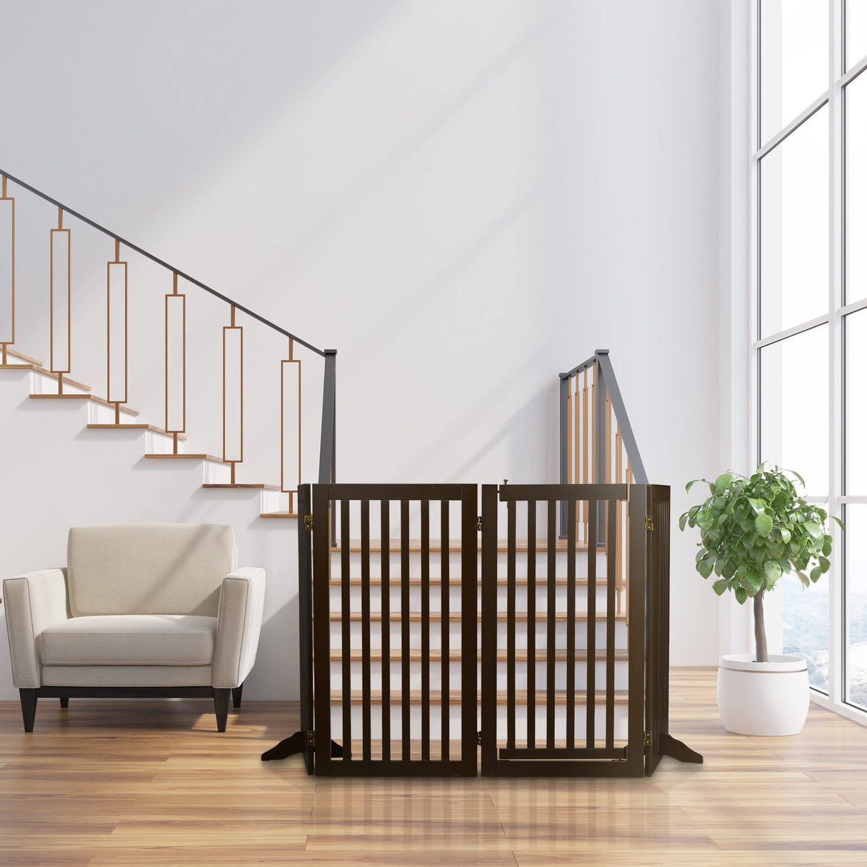 Relaxdays Barrera Seguridad Niños, Valla Protectora, Puerta, 92x206cm, Plegable, Cerca Protección Bebés, Perros, Marrón, Tablero de Fibras