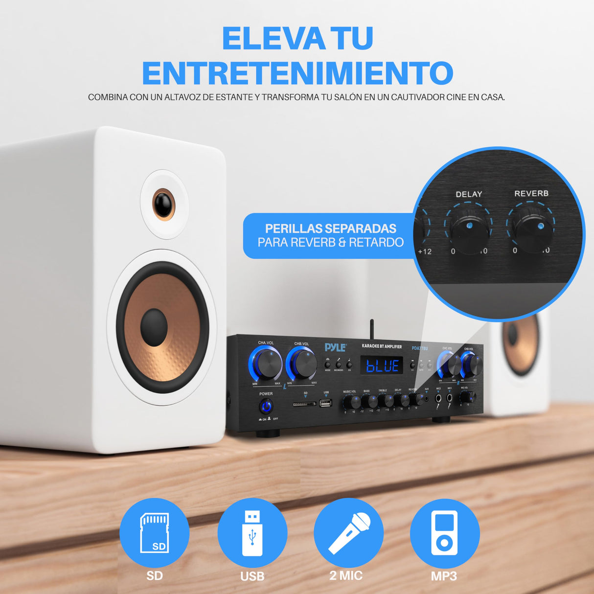 Pyle Amplificador de Sonido, Cine en casa, 800W, Bluetooth, Estereo, para el hogar, 4 Canales, con MP3/USB/SD/AUX/RCA/FM, Microfono, Auriculares, Volumen LED