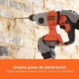 BLACK+DECKER Taladro percutor inalámbrico SDS-Plus 18V, batería 4,0Ah, cargador 2A, caja del kit, mango ajustable, luz LED, BCD900M1K-QW
