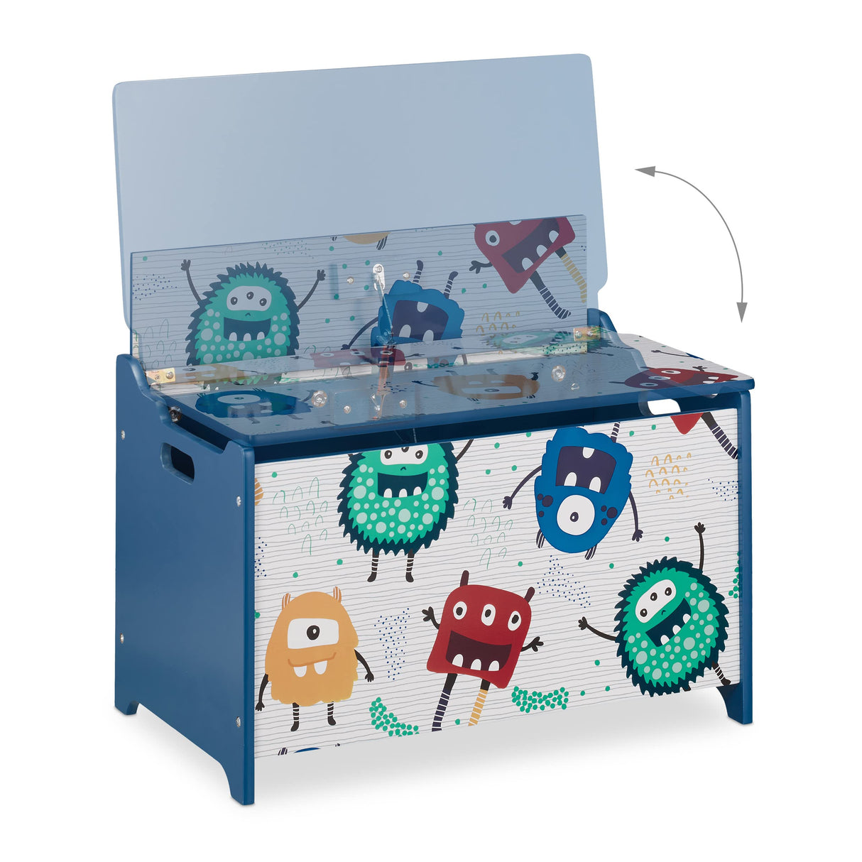 Relaxdays Caja Juguetes Diseño Monstruos, Baúl Infantil Almacenaje con Tapa, Arcón Niños, 50x60x36,5cm, MDF, Azul/Blanco, Tablero de Fibras