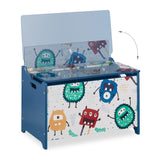 Relaxdays Caja Juguetes Diseño Monstruos, Baúl Infantil Almacenaje con Tapa, Arcón Niños, 50x60x36,5cm, MDF, Azul/Blanco, Tablero de Fibras