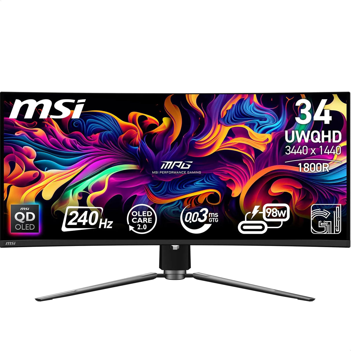 MSI MPG 341CQPX QD-OLED 34 Pulgadas UWQHD Monitor Curvo Gaming - 3440 x 1440 21:9 QD-OLED Panel, 240Hz, 0.03ms, 99.3% DCI-P3, ΔE≤2, DisplayHDR True Black 400, DP 1.4a, HDMITM, USB Tipo C PD:98W