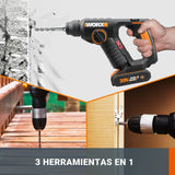 WORX WX394.6 H3 | Martillo sds-plus 20V | Función de taladro | Incluye 2 baterías de 2Ah, cargador y maletín | 3 Funciones | Ligero y compacto | Ideal para taladros en el techo