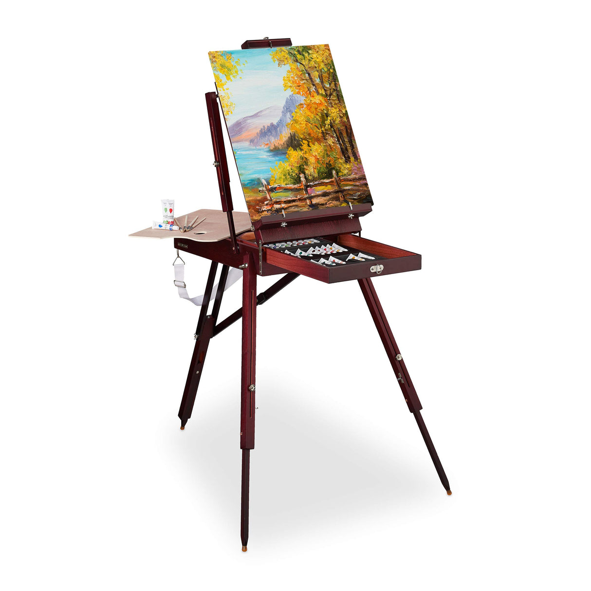 Relaxdays Caballete Portátil de Madera, 35 Piezas, Set de Pinceles, Paleta, Lienzo, Acuarela, Óleo y Acrílico, Marrón, Aluminio, 180 x 100 x 70 cm