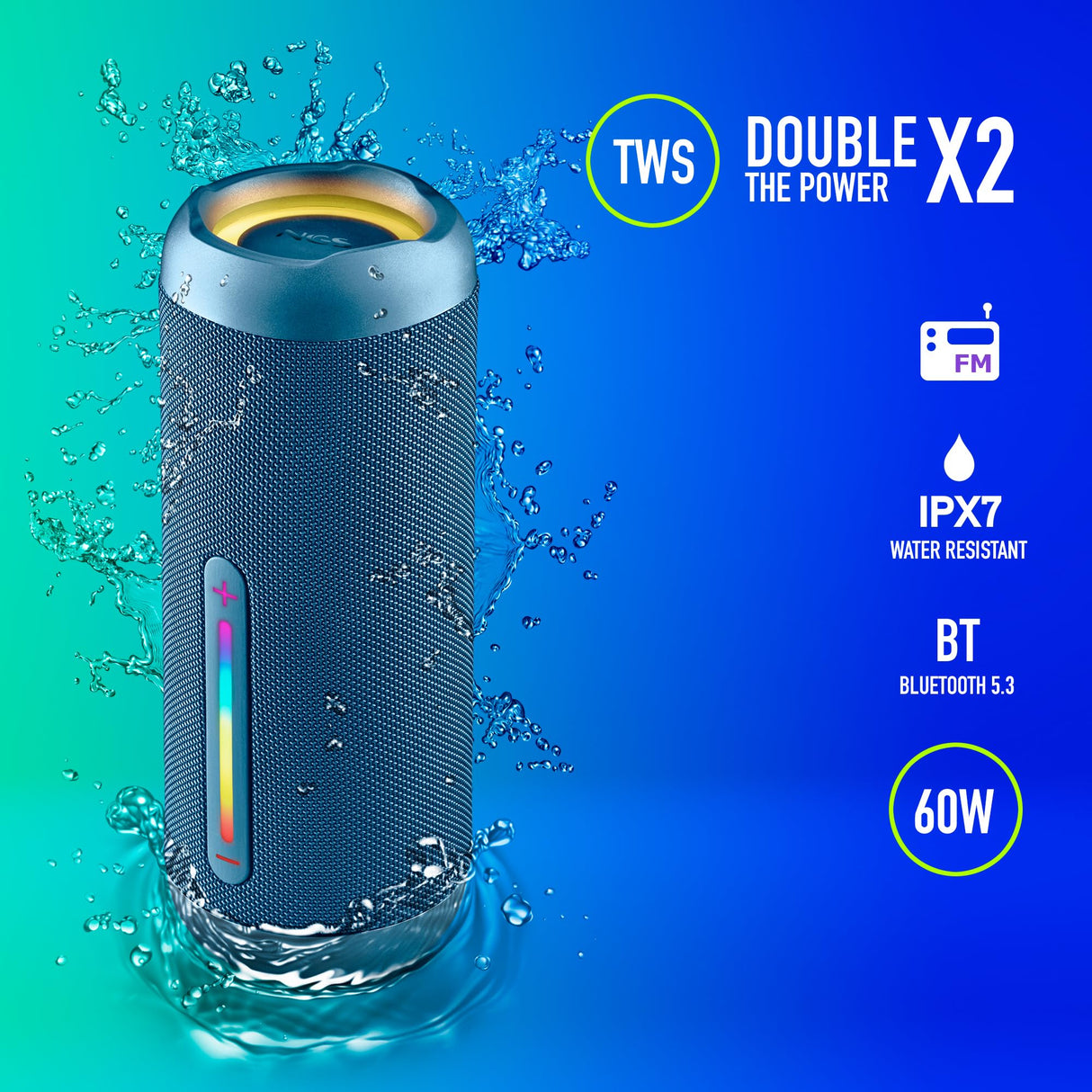 NGS Roller Furia 3 Blue - Altavoz Inalámbrico Compatible con Bluetooth, Impermeabilidad IPX7, 60 W, True Wireless, USB, Duración Batería 9 Horas, Azul …