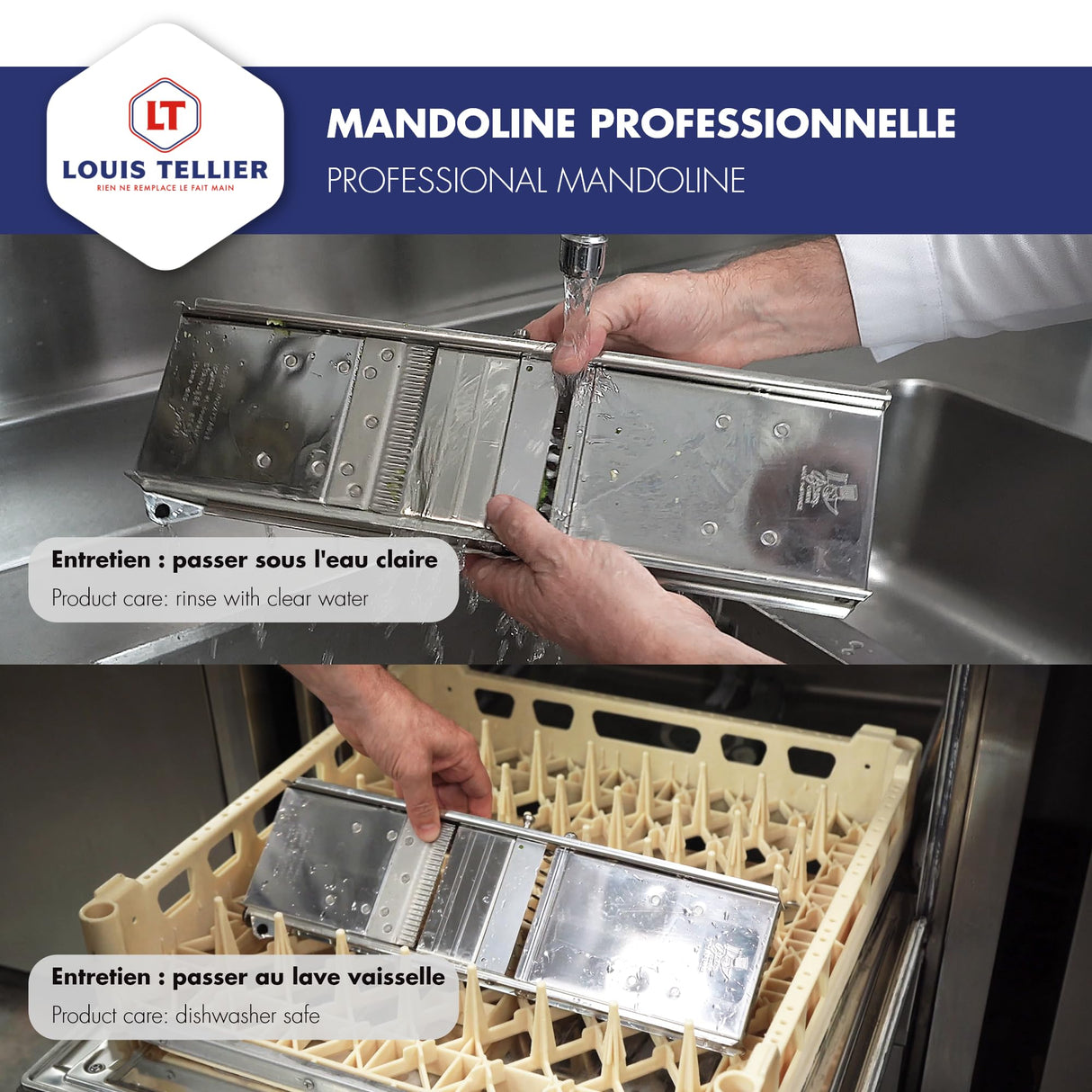 LOUIS TELLIER - Mandolina Profesional de Acero Inoxidable – Cortadora Multifuncional de Frutas y Verduras – Cuchilla Lisa y Ondulada - Grosor Ajustable – 29,3 x 15,5 x 11 cm - Fabricado en Francia