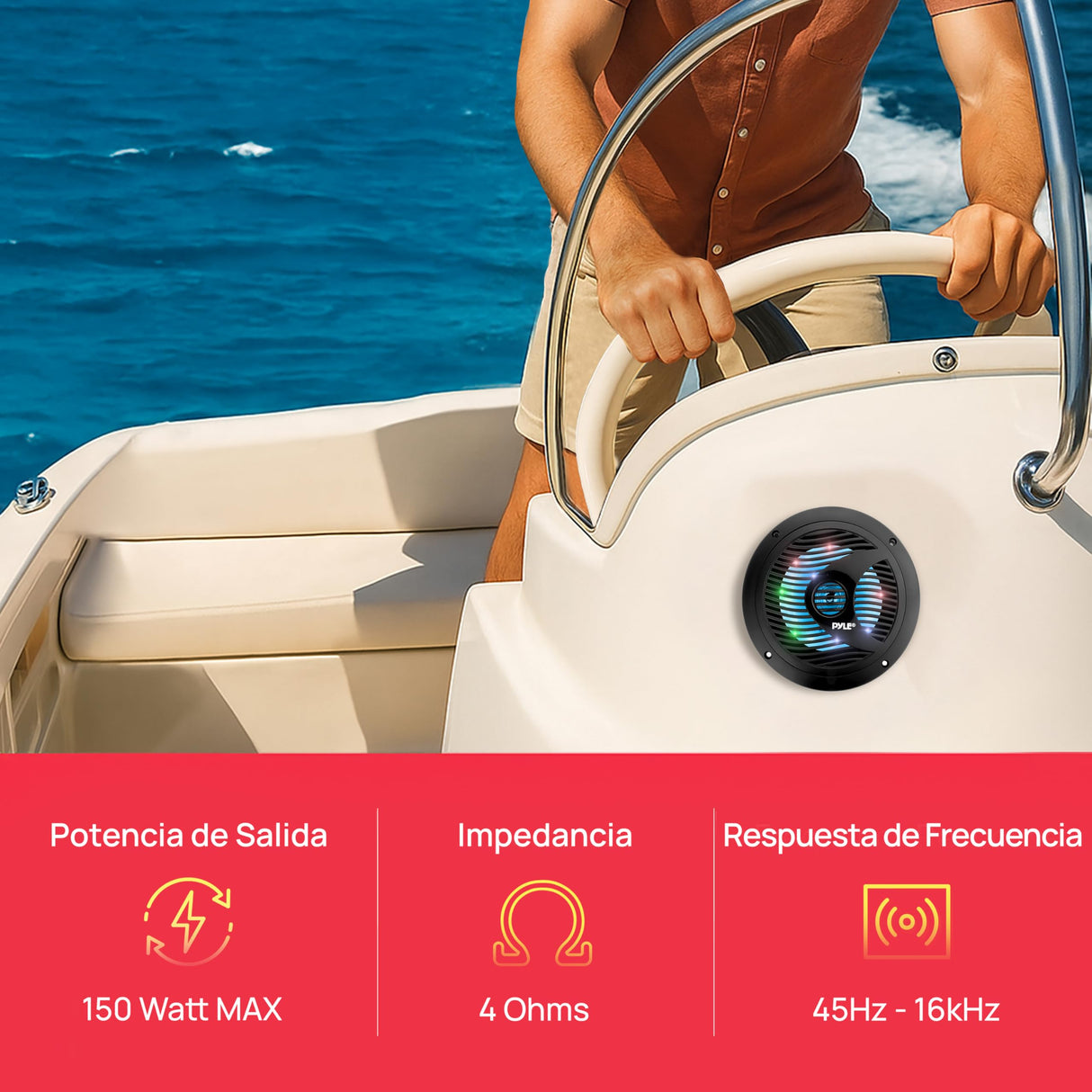 Pyle Altavoces duales, 6.5”, Resistentes al Agua y a la Intemperie, Estereo, Luces LED, 150W, Cono de Polypropylene