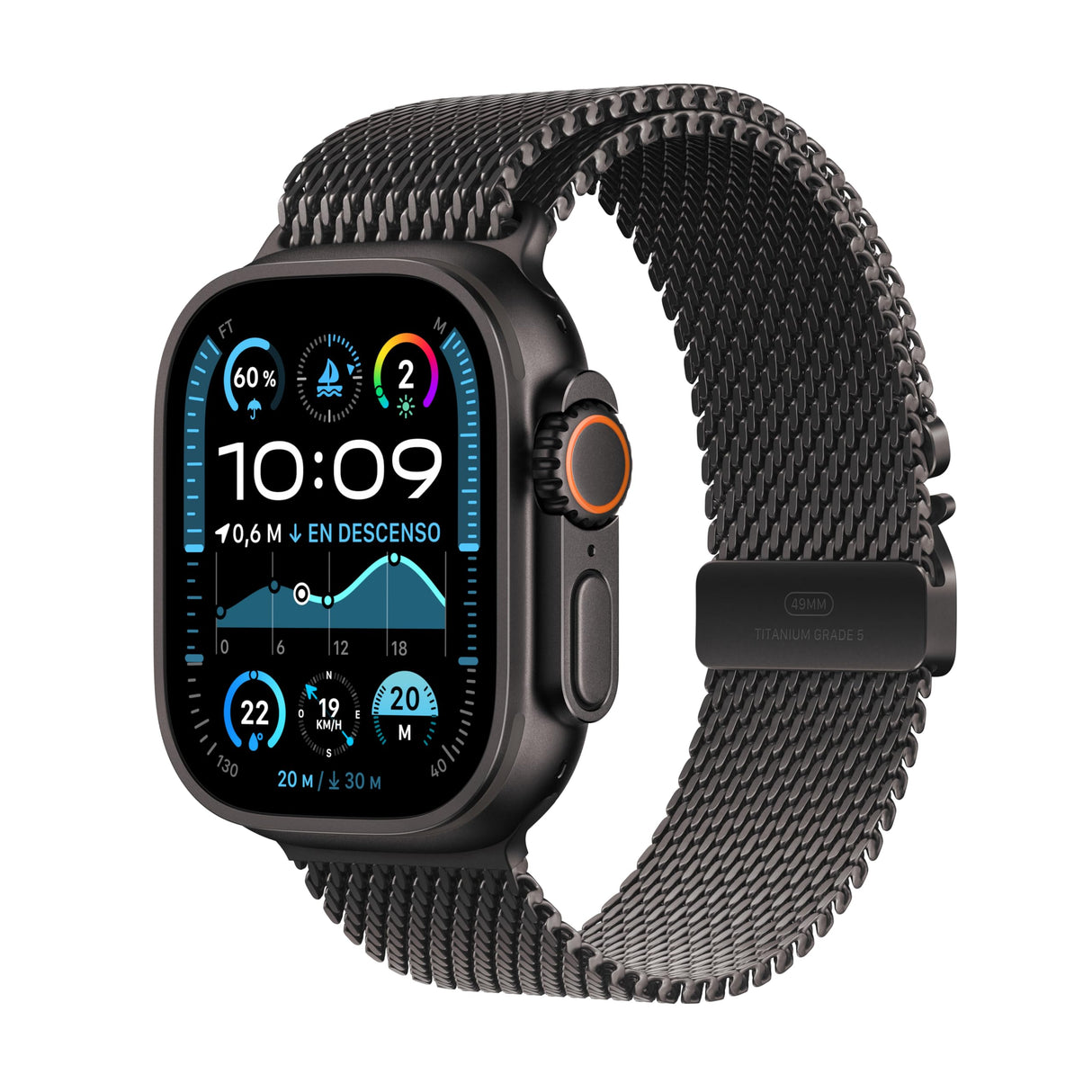 Apple Watch Ultra 2 GPS + Cellular Smartwatch, Reloj Deportivo con Caja de Titanio Negro Resistente de 49 mm y Pulsera Milanese Loop en Titanio Negro - Talla L. Monitor de entreno, Neutro en Carbono
