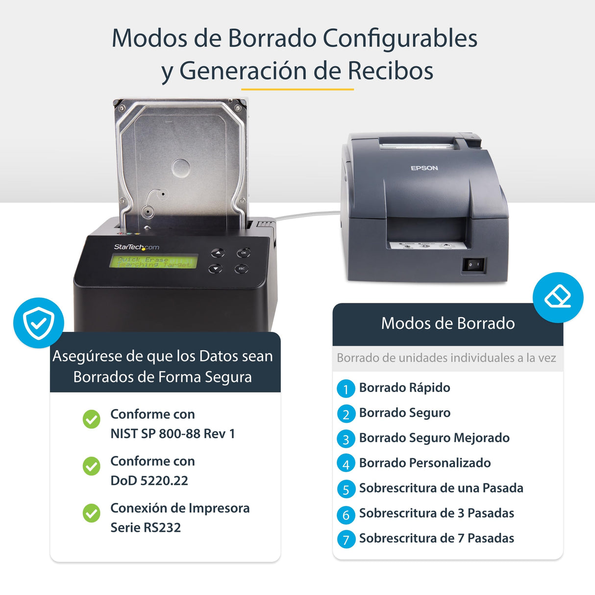 StarTech.com Borrador Autónomo USB 3.0 de 1 Bahía para Discos Duros o SSDs, USB 3.0 a SATA II (3 Gbps), TAA, 9 Modos de Borrado, Pantalla LCD, Sanitizador, Puerto DB-9 de Impresora (SDOCK1EU3P)