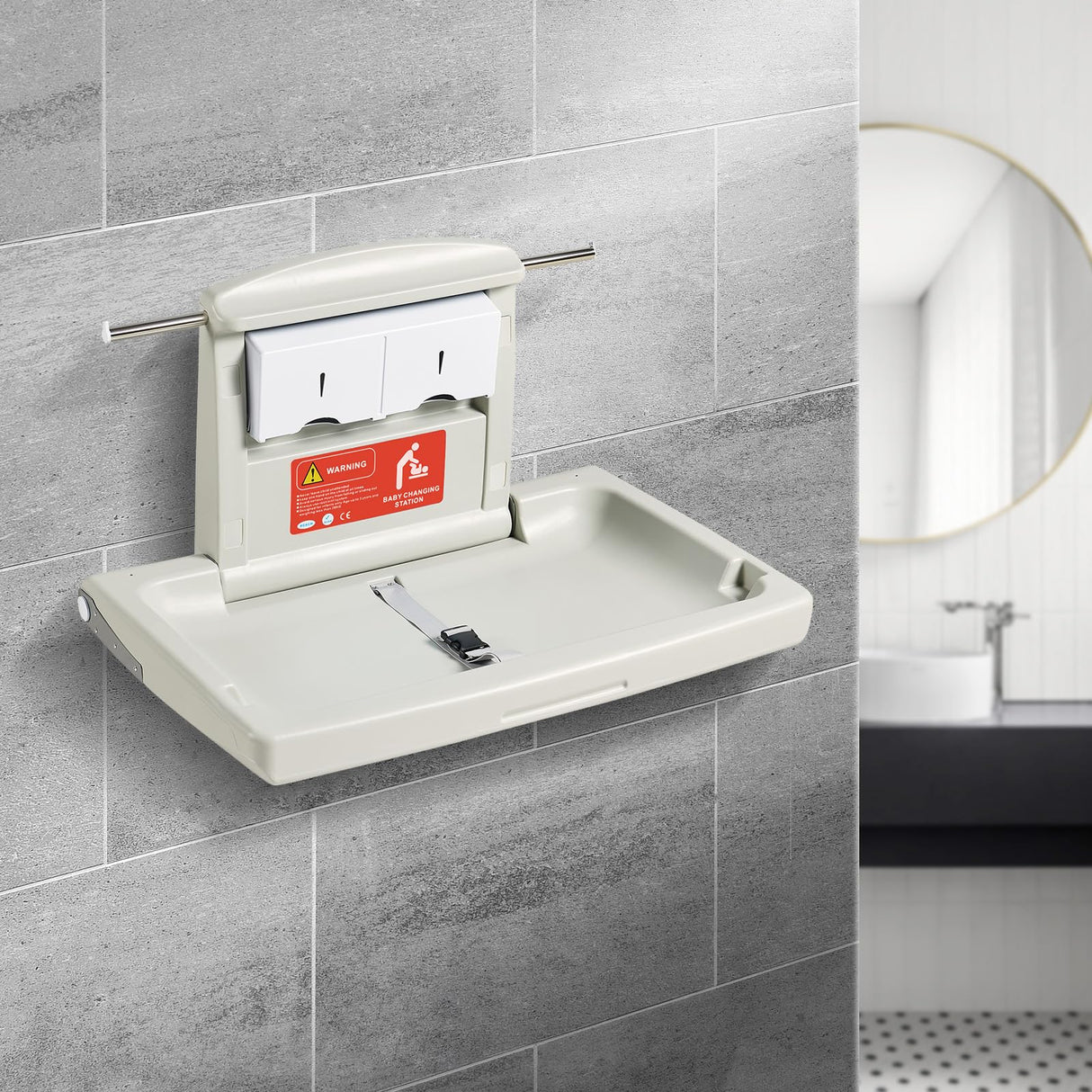 Cambiador de Pared Plegable de Plástico HDPE Mueble Cambiador Carga Máxima de 20 kg con Correa de Seguridad Plegado Rápido con Un Solo Toque Instalación Fácil para Bebé, 86x56,5x50 cm