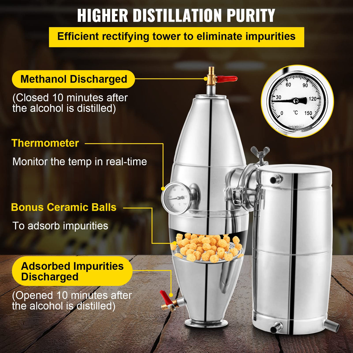 VEVOR Destilador de Alcohol 30 L Alambique Destilación Alcohol de Acero Inoxidable 304 Destilador Moonshine 0-150 ℃ Destilador de Bebida para la Elaboración Casera de Vino Cerveza o Agua con Vinómetro