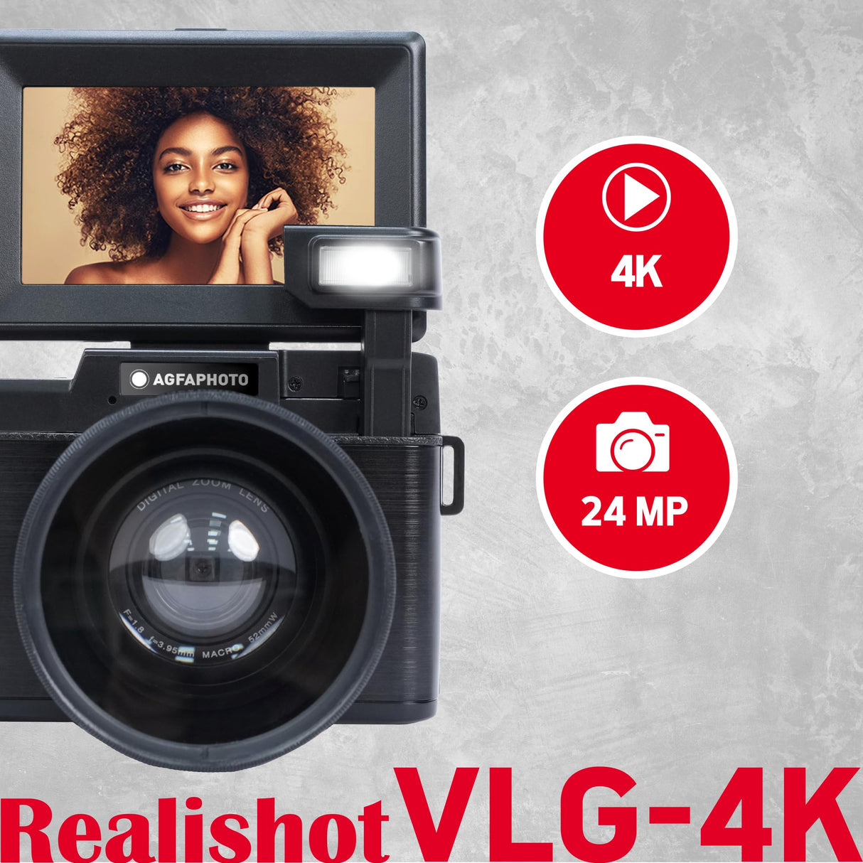 AGFA PHOTO Realishot VLG-4K Kit Vlogging - Cámara 24MP, Video 4K, Pantalla LCD 3’’, Zoom Digital 16X, Sensor CMOS, Batería de Litio - Negro