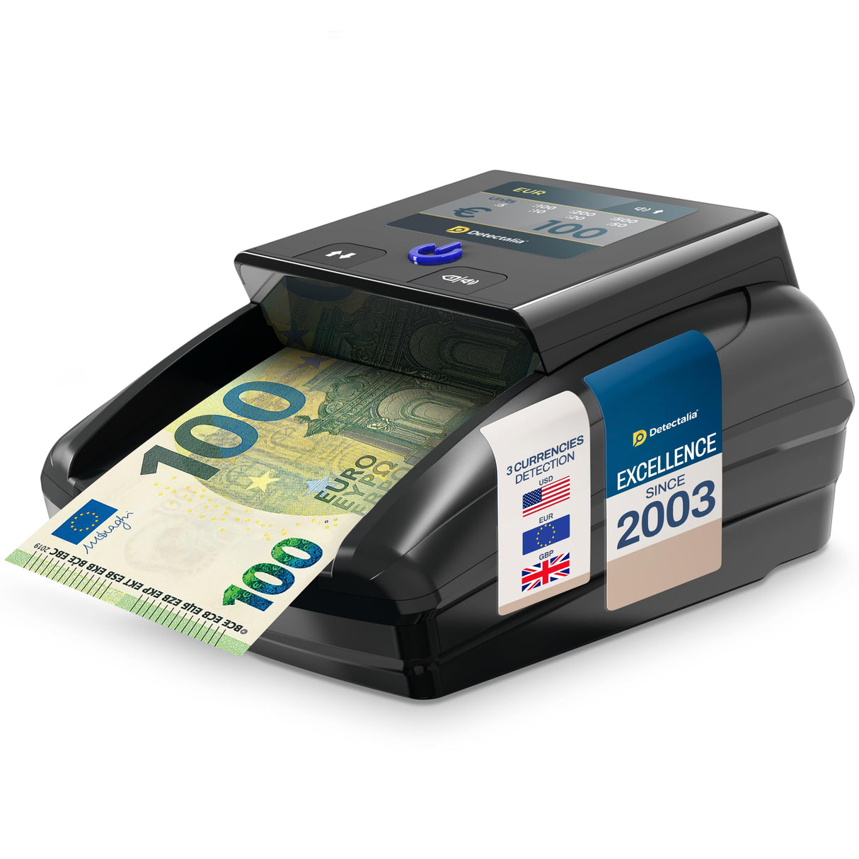 Detectalia D7T+ Detector de Billetes Falsos con 100% detección para 3 divisas EUR, GBP, USD con 5 Sistemas de deteccion y Pantalla TFT