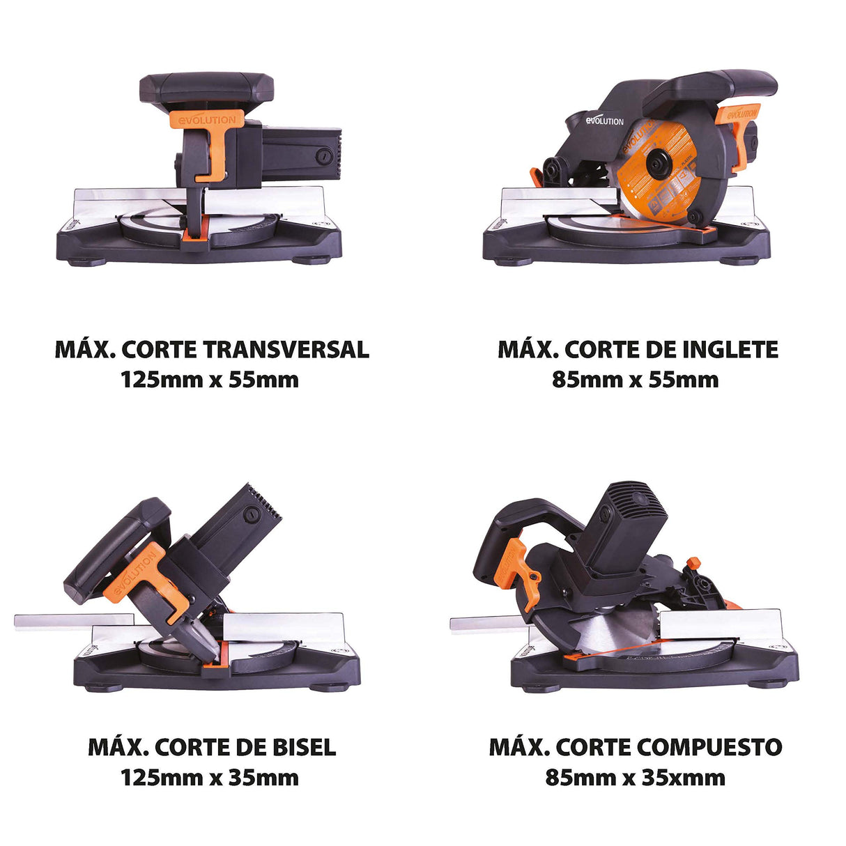 Evolution Power Tools R210CMS Multimaterial Sierra Ingletadora - Corta acero dulce, aluminio, plástico, madera con clavos incrustados, 210 mm