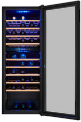 Exquisit® Vinoteca para 78 Botellas, 194L, Negro, Clase G, Doble Zona de Temperatura 5-20°C, Control Digital, Puerta de Cristal Reversible, Iluminación LED, 9 Estantes, Medidas (128,5 x 49 x 57,5 cm)